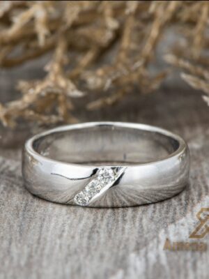 Handcrafted Silver Wedding Band for Men | 925 Silver from Bahrain | 3 Diamonds | 0.08ct | 6mm Width"